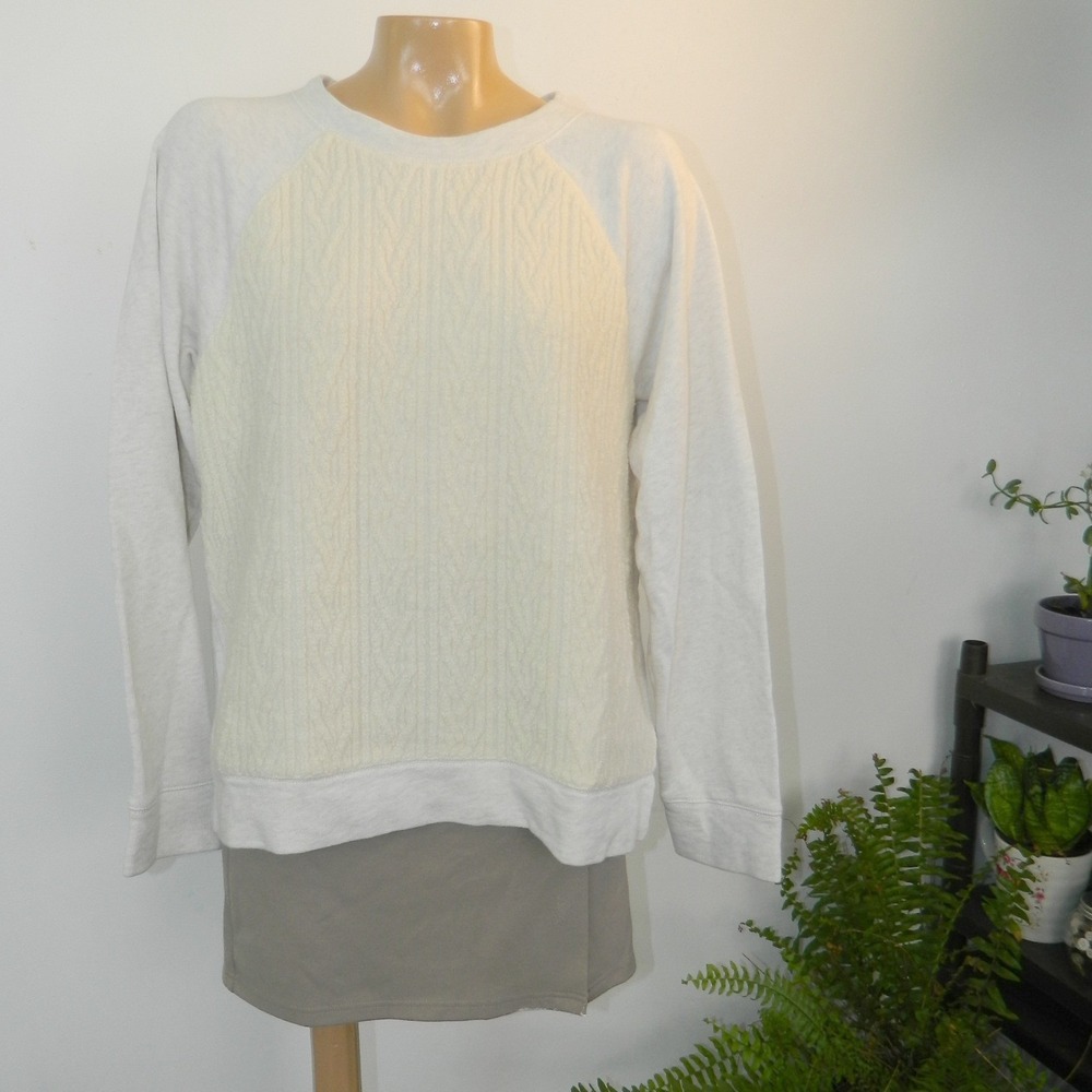 J. Crew Sweatshirt Women Medium Grey Cream Textured Front Raglan Pullover 08891